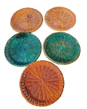 Lot of 5 Vintage Woven Wicker Paper Plate Holders  Green & Tan Braid Style